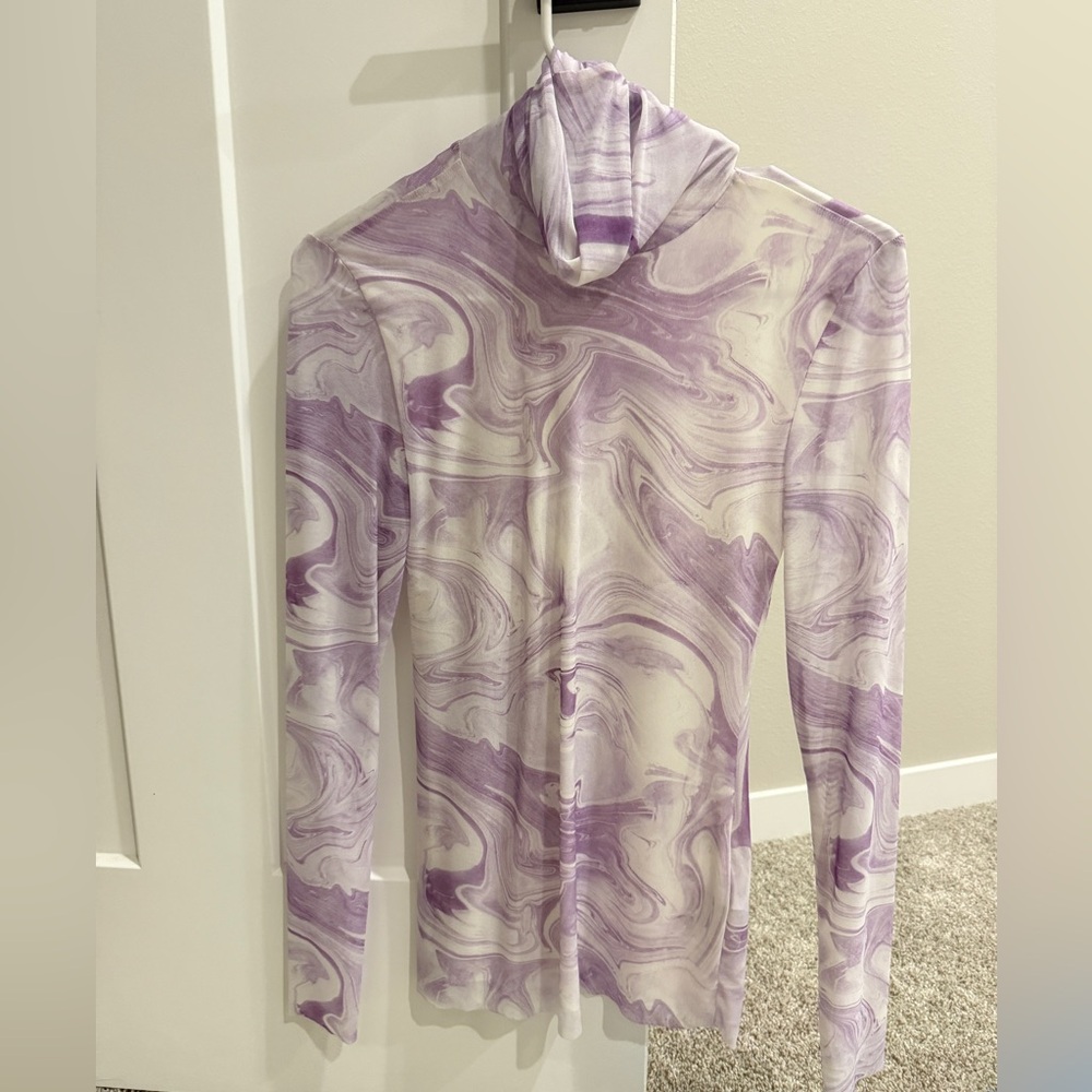 Ganni White and Purple Mesh Printed Turtleneck
